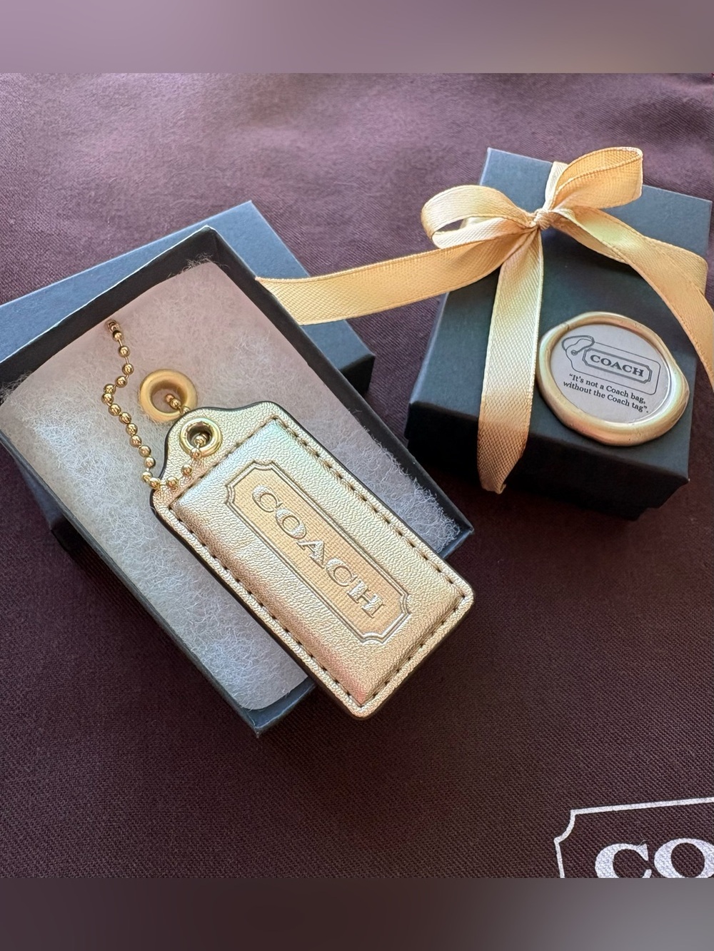 Y2K 2.5” Coach Metallic Gold Vintage Leather Hang Tag Bag Charm with Ball Chain